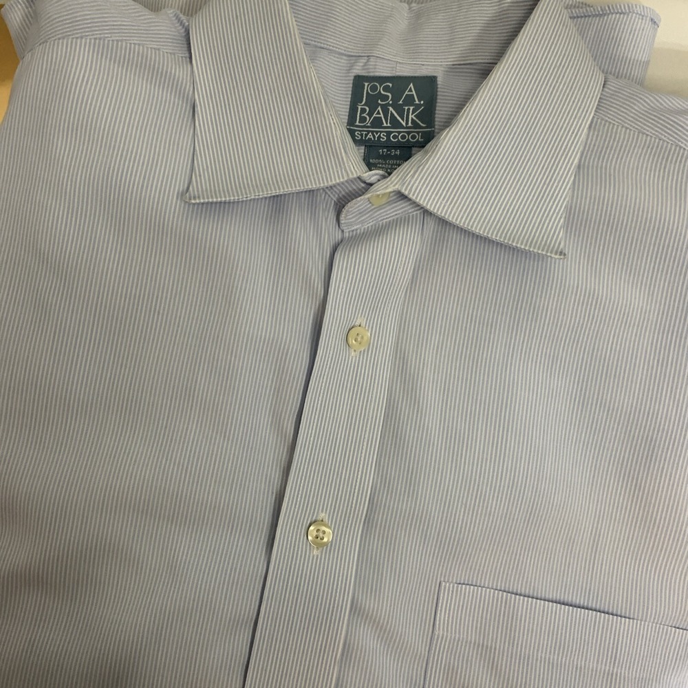 Jos A Bank Stays Cool Blue Pin Stripe LS Cotton Dress‎ Mens Shirt 17-34